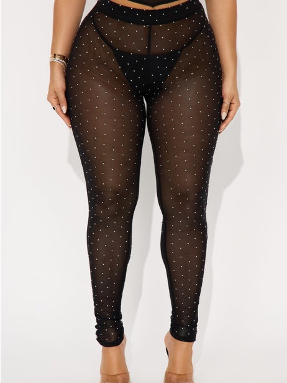 Fashion Nova Black Sheer Mesh Rhinestone Leggings